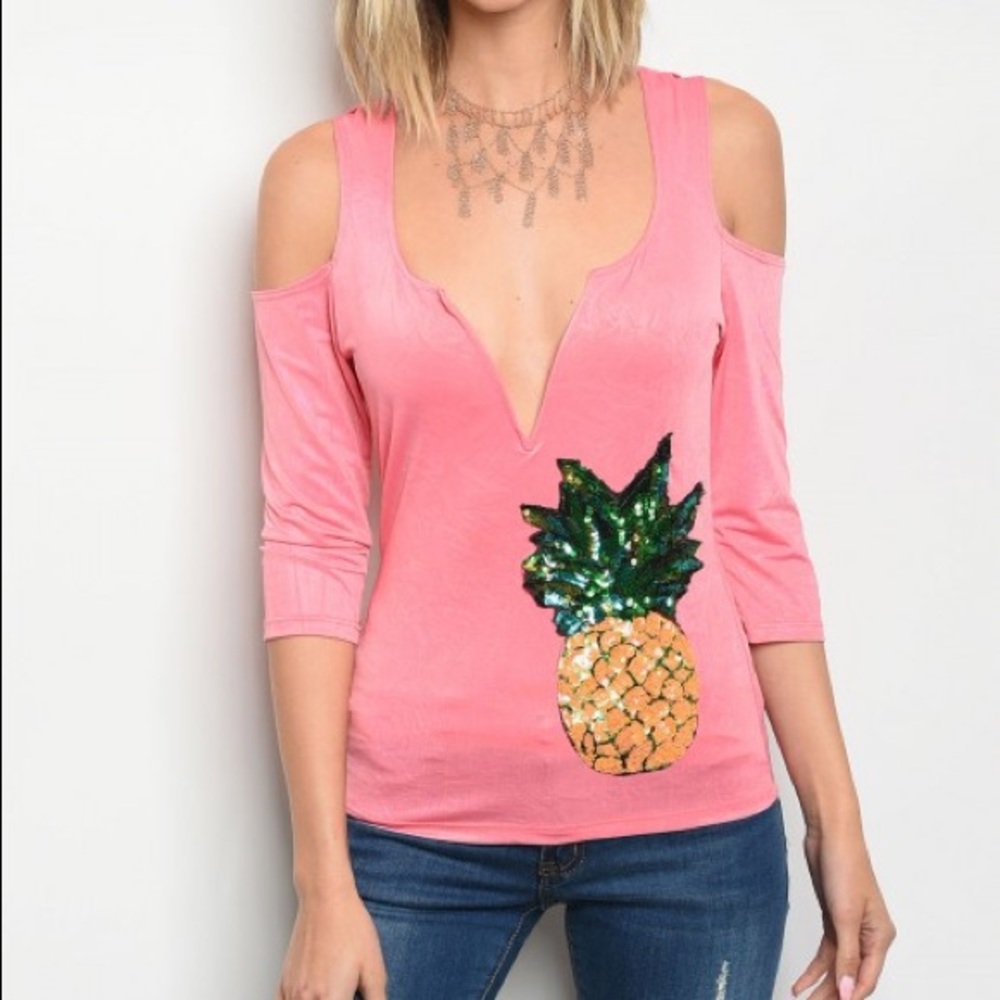NWOT STRETCHY PINK PINEAPPLE SEQUINS Top